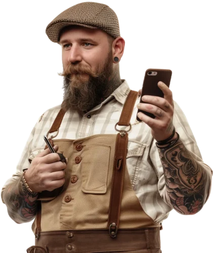 Bild eines Dachdeckers mit Smartphone in der Hand